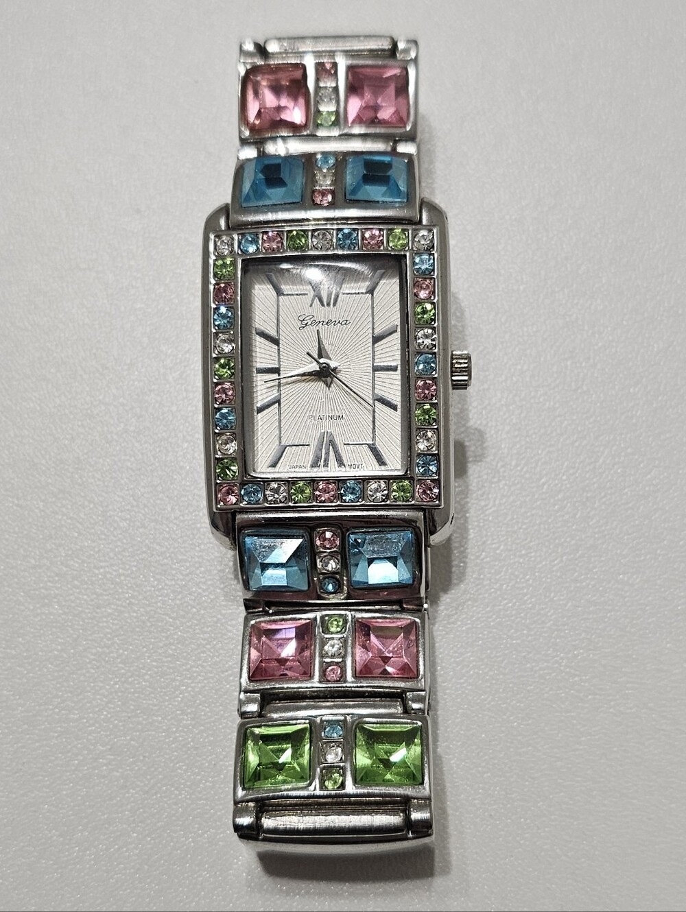 Vintage Geneva Platinum 8866 Women’s Crystal Bangle Watch Rectangle Face Working